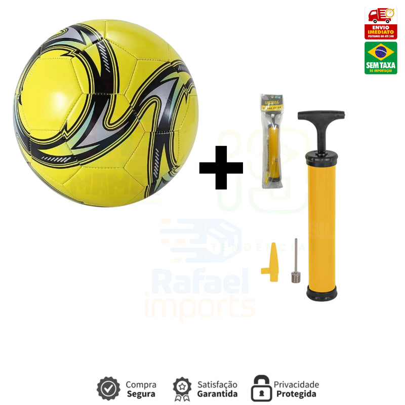 Kit Bola de Futebol + Bomba de Ar Manual Portátil Para Encher Bola Tamanho Oficial Couro Sintético