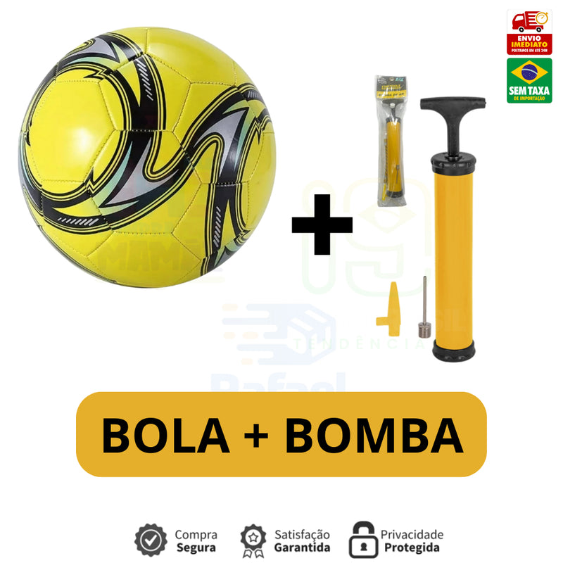 Kit Bola de Futebol + Bomba de Ar Manual Portátil Para Encher Bola Tamanho Oficial Couro Sintético