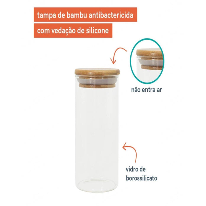 Kit 5 Potes De Vidro para Mantimentos com Tampa de Bambu 200ml, 250ml, 300ml, 400ml e 550ml